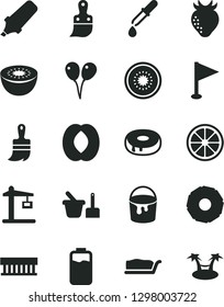 Solid Black Vector Icon Set - pennant vector, toy sand set, colored air balloons, paint bucket, plastic brush, wooden, cake slice, with a hole, strawberry, half peach, juicy lemon, kiwi, of, pipette