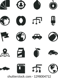Solid Black Vector Icon Set - sign of the planet vector, book, toys over cradle, cot, baby bath ball, motor vehicle, sample colour, map, flag, package, small fish, half peach, cherry, lemon, lime