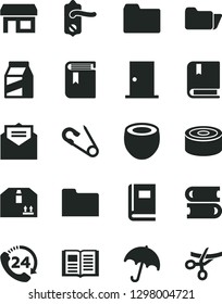 Solid Black Vector Icon Set - folder vector, book, open pin, e, books, door knob, ntrance, received letter, umbrella, cardboard box, 24, package, canned goods, half of coconut, stall, grand opening