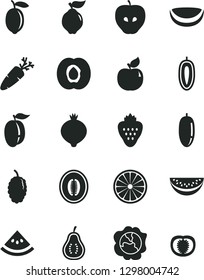 Solid Black Vector Icon Set - carrot vector, strawberry, half apricot, squash, quince, tasty apple, medlar, mulberry, melon, water slice, date fruit, ripe plum, sweet, lemon, of orange, part guava