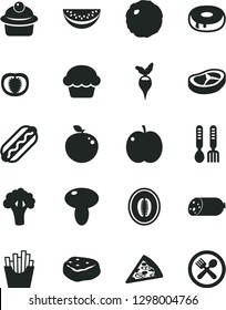 Solid Black Vector Icon Set - iron fork spoons vector, sausage, piece of pizza, Hot Dog, mushroom, cake, muffin, with a hole, bacon, cabbage, meat, French fries, apple, half melon, water slice, cafe