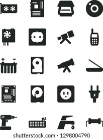Solid Black Vector Icon Set - camera vector, cordless drill, power socket type b, f, faucet mixer, battery, electric plug, mobile phone, keyboard, pc supply, motherboard, gpu card, hdd, scanner