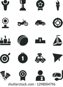 Solid Black Vector Icon Set - bath ball vector, motor vehicle present, pedestal, retro car, flame torch, winner, cup, gold, man with medal, target, first place, pennant, star, aim, sail boat