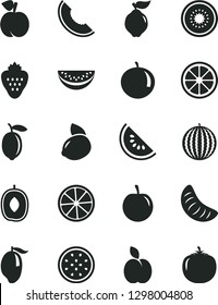 Solid Black Vector Icon Set - strawberry vector, apple, peach, quince, water melon, slice of, mango, delicious plum, tangerine, tasty, lemon, yellow, juicy, half kiwi, passion fruit, persimmon