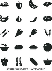 Solid Black Vector Icon Set - deep plate with a spoon vector, iron fork spoons, sausage, fried vegetables on sticks, onion, pie, chicken thigh, grill leg, chop, meat skewers, cabbage, piece of, red