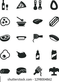 Solid Black Vector Icon Set - plates and spoons vector, plastic fork, sausage, stick of, cheese, piece pizza, Hot Dog, mini, spaghetti, noodles, chicken, bacon, chop, japanese sushi, soda can, wine