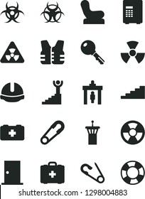 Solid Black Vector Icon Set - Baby chair vector, safety pin, open, bag of a paramedic, medical, ntrance door, construction helmet, key, radiation hazard, nuclear, biohazard, stairway, winner, safe