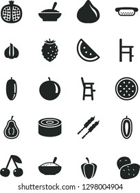 Solid Black Vector Icon Set - a chair for feeding vector, child, canned goods, mini hot dog, bowl of buckwheat porridge, rice, barbecue, orange slice, cherry, half pomegranate, fig, tasty raspberry