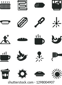 Solid Black Vector Icon Set - electronic thermometer vector e, heating coil, temperature, coffee, sausage, loaf, Hot Dog, mini, noodles, pie, chili, cup of tea, coffe to go, a glass, pepper, mercury