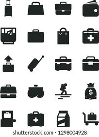 Solid Black Vector Icon Set - briefcase vector, first aid kit, medical bag, portfolio, suitcase, package, a glass of tea, wallet, purse, dollars, hand, backpacker, rolling, baggage scanner, case