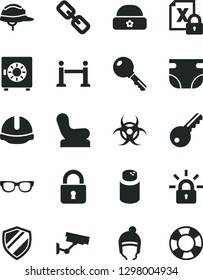 Solid Black Vector Icon Set - spectacles vector, nappy, powder, Baby chair, winter hat, warm, construction helmet, lock, key, strongbox, encrypting, glasses, biohazard, rope barrier, surveillance
