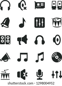 Solid Black Vector Icon Set - desktop microphone vector, horn, loudspeaker, silent mode, drumroll, drum, bell, headphones, music, CD, regulator, no sound, megaphone, pc card, speaker, note, settings
