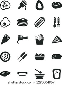 Solid Black Vector Icon Set - plates and spoons vector, iron fork, sausage, stick of, pizza, piece, Hot Dog, mini, spaghetti, noodles, lettuce in a plate, grill chicken leg, chop, barbecue, meat