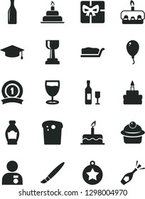 Solid Black Vector Icon Set - tassel vector, balloon, cake, birthday, Easter, muffin, slice, torte, glass, bottle, giftbox, gold cup, man with medal, graduate, star, ribbon, wine, champagne