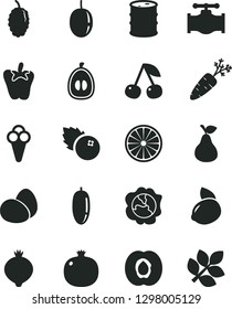 Solid Black Vector Icon Set - eggs vector, peper, cone, blueberries, pear, cherry, half apricot, pomegranate, squash, medlar, mulberry, date fruit, loquat, passion, yellow lemon, of orange, carrot