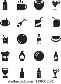 Solid Black Vector Icon Set - mug for feeding vector, bottle, measuring, bath ball, e, packing of juice with a straw, cup tea, coffe to go, glass soda, cocktail, orange, liquor, piece coconut, half