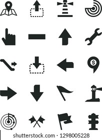 Solid Black Vector Icon Set - upward direction vector, downward, right, left, wind indicator, minus, index finger, map, flag, move up, down, lighthouse, coastal, repair, radar, cross flags, signpost