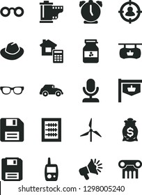 Solid Black Vector Icon Set - floppy disk vector, hat, camera roll, new abacus, toy mobile phone, estimate, alarm clock, jar of jam, windmill, retro car, vintage sign, antique advertising signboard