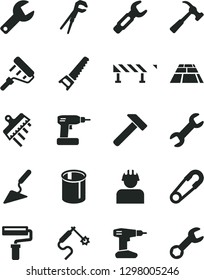 Solid Black Vector Icon Set - paint roller vector, repair key, safety pin, building trowel, adjustable wrench, cordless drill, hand saw, spatula, paving slab, road fence, hammer, with claw, builder