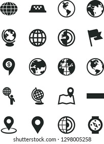 Solid Black Vector Icon Set - minus vector, earth, flag, planet, location, geolocation, globe, core, man hold world, dollar pin, taxi, map, compass