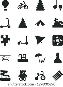 Solid Black Vector Icon Set - stacking rings vector, toy, small teddy bear, child bicycle, Kick scooter, Puzzle, Puzzles, pawn, air balloon, hang glider, bike, tent, beach, arnchair under umbrella