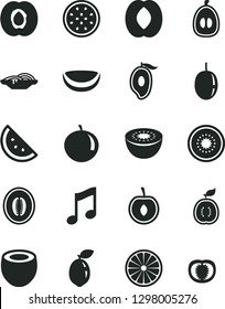 Solid Black Vector Icon Set - music vector, slices of onion, orange slice, half apricot, mango, peach, melon, tangerine, loquat, cherry, passion fruit, kiwi, sour lime, guawa, piece coconut, tomato