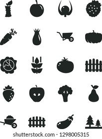 Solid Black Vector Icon Set - garden trolley vector, building, fence, hedge, tomato, carrot, strawberries, pear, mint, squash, tasty apple, raspberry, rose hip, plum, physalis, stub, broccoli