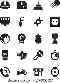 Solid Black Vector Icon Set - beanbag vector, Knitted Socks, birthday cake, power socket type f, construction helmet, plummet, cardboard box, phone call, kiosk, ripe pineapple, lan connector, dna