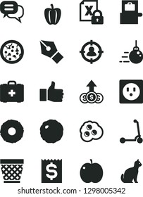 Solid Black Vector Icon Set - wicker pot vector, medical bag, child Kick scooter, big core, pizza, cabbage, omelette, apple, slice of pineapple, Bell pepper, socket, man in sight, financial item