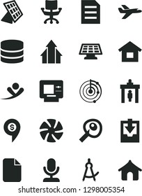 Solid Black Vector Icon Set - download archive data vector, dwelling, fan, chair, big, file, drawing compass, artifical insimination, radar, sun panel, growth arrows, microphone, private plane, atm