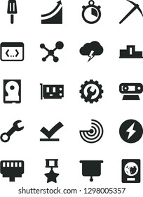 Solid Black Vector Icon Set - gear vector, storm cloud, popsicle, pc card, web camera, hdd, coding, lan connector, repair, molecule, radar, presentation board, stopwatch, electricity, pedestal