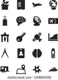 Solid Black Vector Icon Set - test tube vector, brain, satellite, globe, drawing compass, growth graph, antenna, bang, plane, camper, identity card, security gate, rolling suitcase, passort control