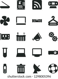 Solid Black Vector Icon Set - bin vector, horn, rss feed, building level, hanger, fan screw, battery, notebook pc, motherboard, card, monitor, web camera, scanner, projector, test tube, gears