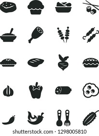 Solid Black Vector Icon Set - plastic fork spoons vector, sausage, fried vegetables on sticks, cake, pie, apple, a bowl of buckwheat porridge, lettuce in plate, chicken thigh, chop, meat skewers