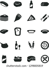 Solid Black Vector Icon Set - sausage vector, cheese, fried vegetables on sticks, pizza, piece of, mini hot dog, lettuce in a plate, chicken, grill leg, chop, meat skewers, japanese sushi, soda can
