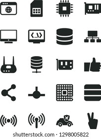 Solid Black Vector Icon Set - thumb up vector, screen, big data server, autopilot, processor, SIM card, connection, scheme, cpu, pc, router, browser, connect, coding, wireless, victory hand