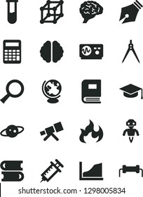 Solid Black Vector Icon Set - books vector, square academic hat, test tube, telescope, zoom, brain, book, globe, oscilloscope, flame, calculator, drawing compass, growth graph, robot, saturn