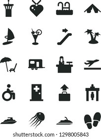 Solid Black Vector Icon Set - camper vector, airport tower, escalator, security gate, baggage, departure, tent, arnchair under umbrella, palm tree, cocktail, pool, medical room, disabled, jet ski