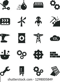 Solid Black Vector Icon Set - brick wall vector, big core, concrete mixer, drill, electronic boiler, coal mining, wind energy, oil, power pole, gear, conveyor, CO2, metallurgy, gears, three, repair