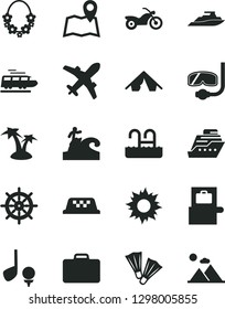 Solid Black Vector Icon Set - train vector, taxi, motorcycle, suitcase, baggage scanner, plane, tent, sun, palm tree, hawaii wreath, pool, flippers, diving mask, surfing, map, golf, handwheel, yacht