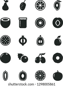 Solid Black Vector Icon Set - jam vector, blueberries, pear, plum, half of medlar, tasty mulberry, cornels, mango, delicious, loquat, sweet date fruit, juicy lemon, kiwi, passion, orange, guava