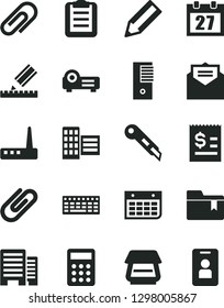 Solid Black Vector Icon Set - daily calendar vector, clip, folder bookmark, buildings, city block, drawing, stationery knife, received letter, pencil, article on the dollar, wall, calculator, router