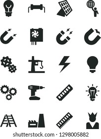Solid Black Vector Icon Set - lightning vector, matte light bulb, drill, ladder, thermal power plant, gears, tower crane, magnet, horseshoe, three, pc supply, memory, sun panel, resistor, king