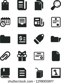 Solid Black Vector Icon Set - clip vector, clean paper, folder, archive, packing of juice with a straw, e, label, magnifier, article on the dollar, morning, newspaper, bag, gift, schedule clock