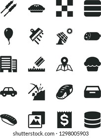 Solid Black Vector Icon Set - motor vehicle vector, balloon, buildings, drawing, tile, spatula, picture, map, drawer, sausage, cake, pie, barbecue, sushi, japanese, big solar panel, coal mining