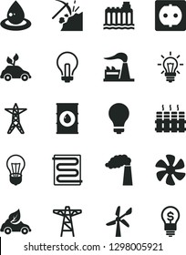Solid Black Vector Icon Set - matte light bulb vector, incandescent lamp, heating coil, radiator, marine propeller, coal mining, wind energy, manufacture, factory, oil, hydroelectricity, power line