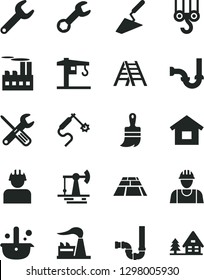 Solid Black Vector Icon Set - crane vector, dwelling, builder, winch hook, trowel, small tools, wooden paint brush, ladder, siphon, sewerage, paving slab, working oil derrick, factory, gas welding