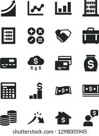 Solid Black Vector Icon Set - graph vector, new abacus, case, cards, coins, math actions, front of the bank card, a crisis, hand shake, money, cash, dollar, engineer calculator, growth, rain, dialog