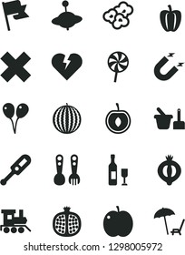 Solid Black Vector Icon Set - cross vector, electronic thermometer e, toy sand set, plastic fork spoons, baby train, yule, colored air balloons, broken heart, flag, lollipop, popcorn, apple, cherry