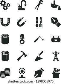 Solid Black Vector Icon Set - iron fork spoons vector, trowel, adjustable wrench, kitchen faucet, hammer with claw, coins, tin, power line, magnet, pipes, welding, steel production, gears, ink pen